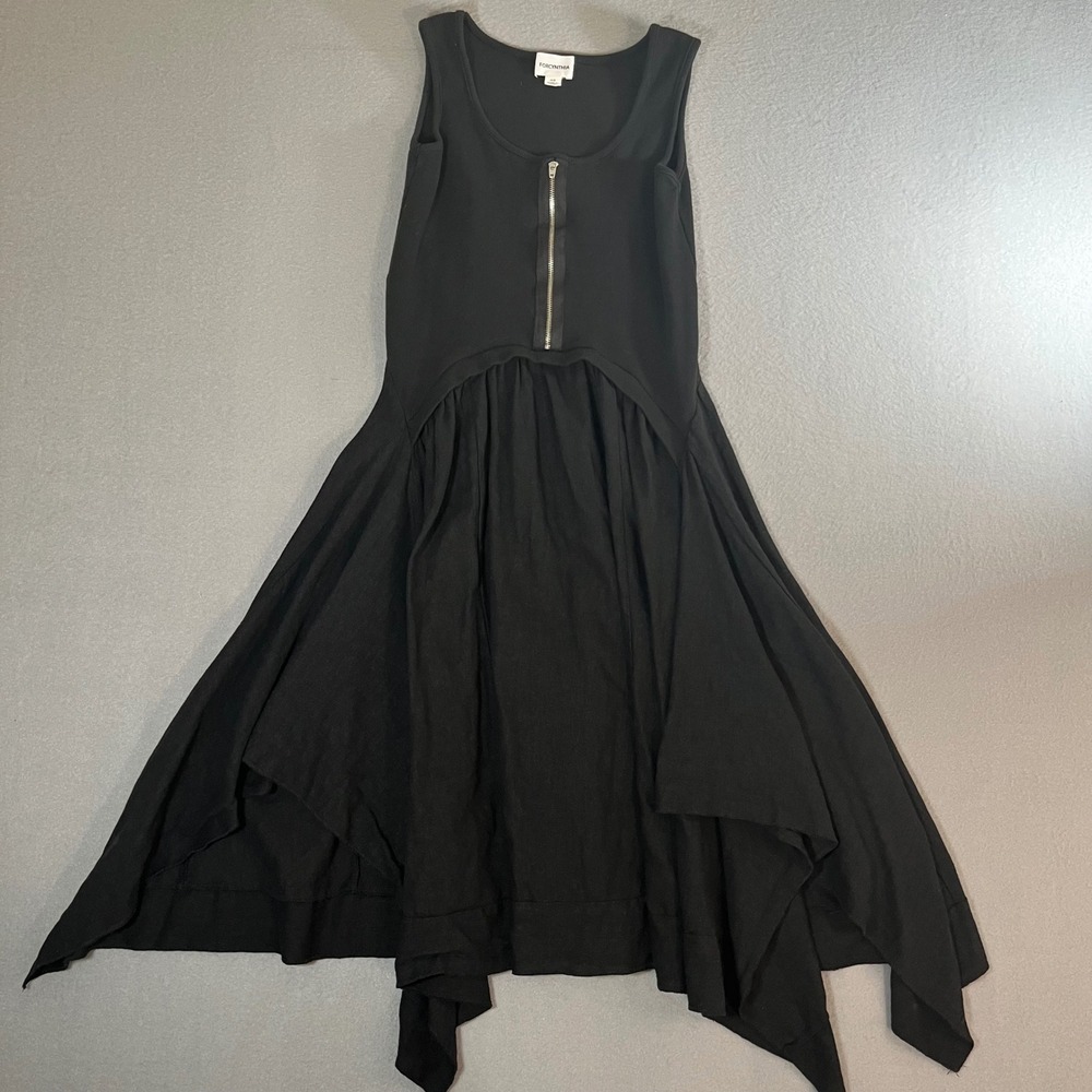 Forcynthia Black Asymmetrical Handkerchief Hem Zip Front Midi Dress XS linen